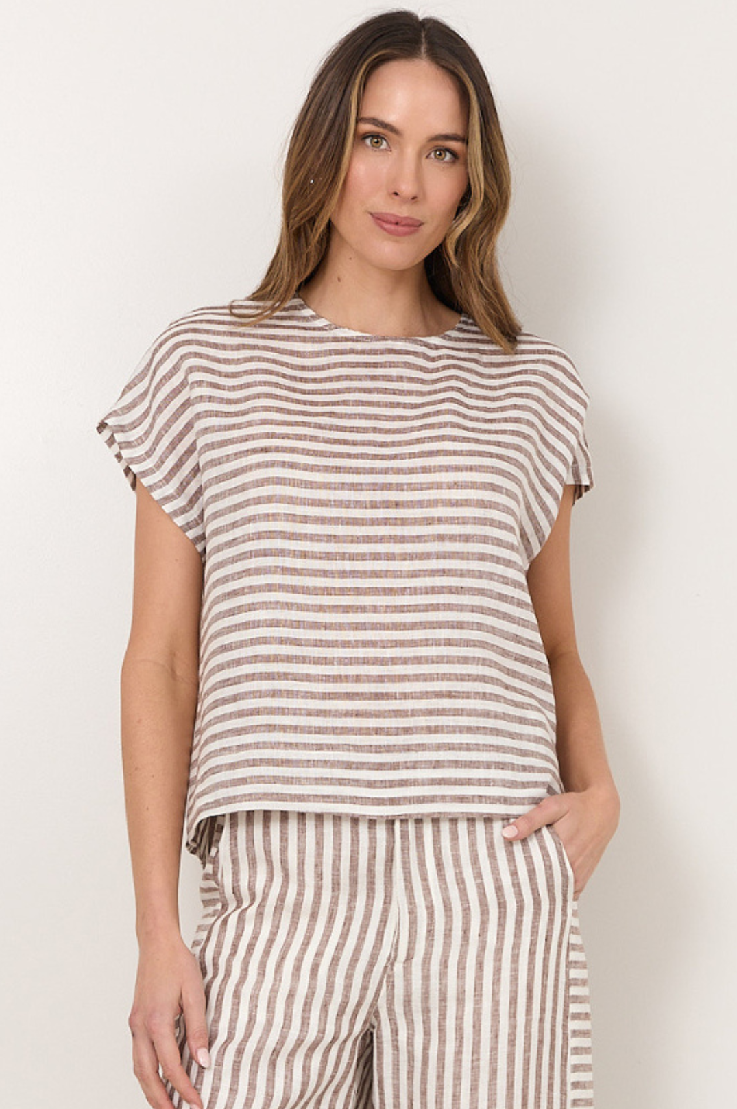 Women's relaxed fit top featuring a stylish chocolate and white stripe design, made from 100% breathable linen. 0