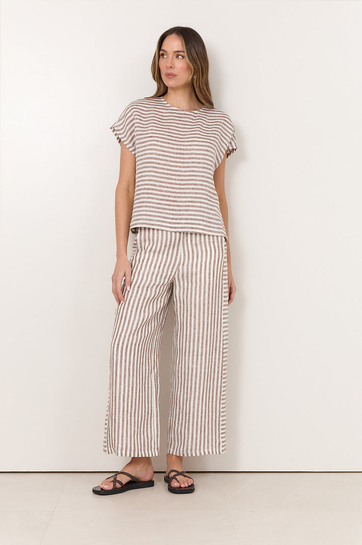 Women's relaxed fit top featuring a stylish chocolate and white stripe design, made from 100% breathable linen. 2