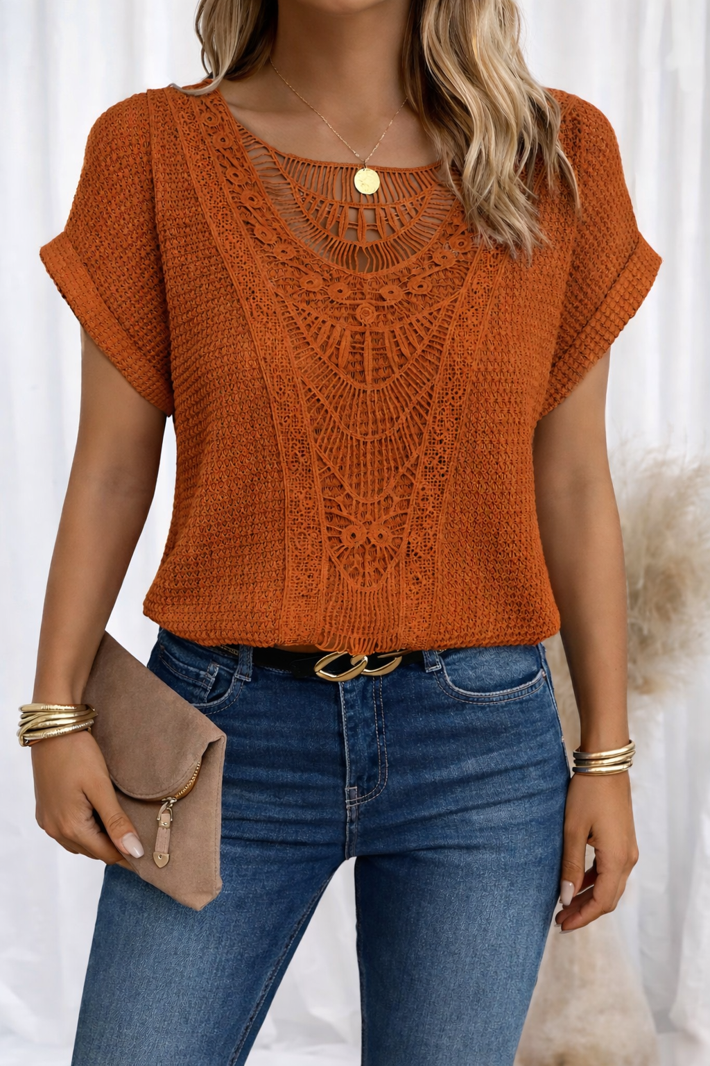 Women's relaxed fit cotton blend top featuring a round neck and delicate lace trim, perfect for everyday wear. 2