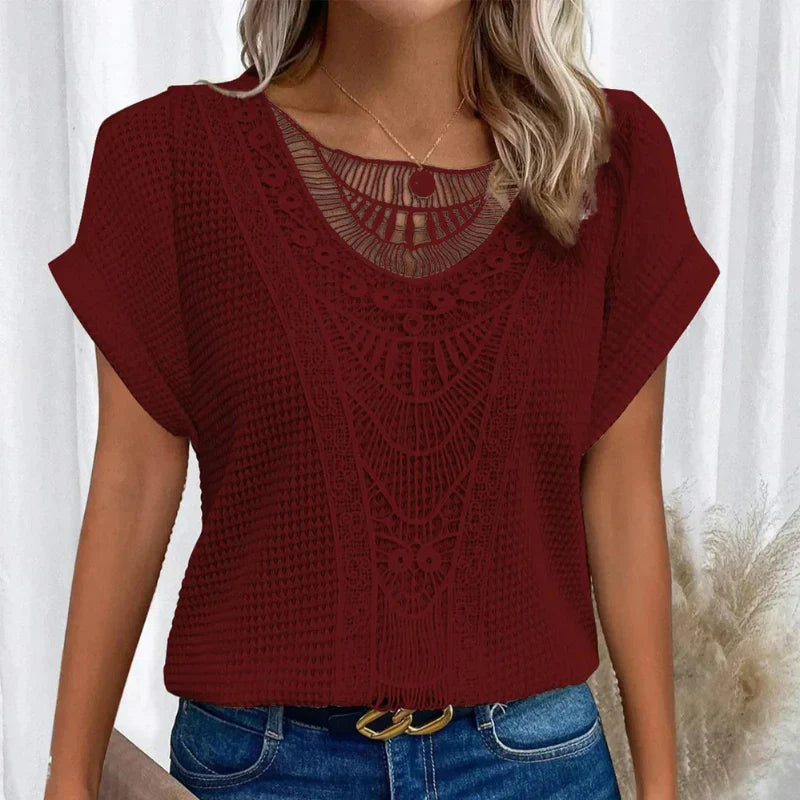 Women's relaxed fit cotton blend top featuring a round neck and delicate lace trim, perfect for everyday wear. 6