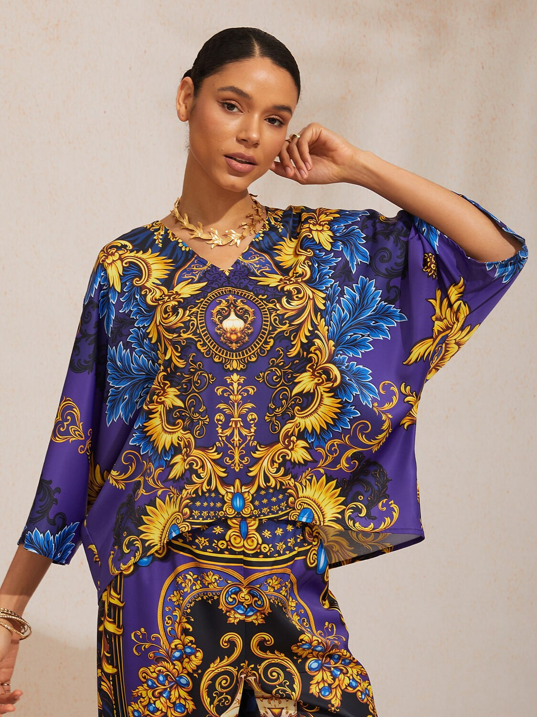 Women's Mediterranean Blue V-Neck Top with Batwing Sleeves in Silky Satin featuring a stylish jewelry print. 12