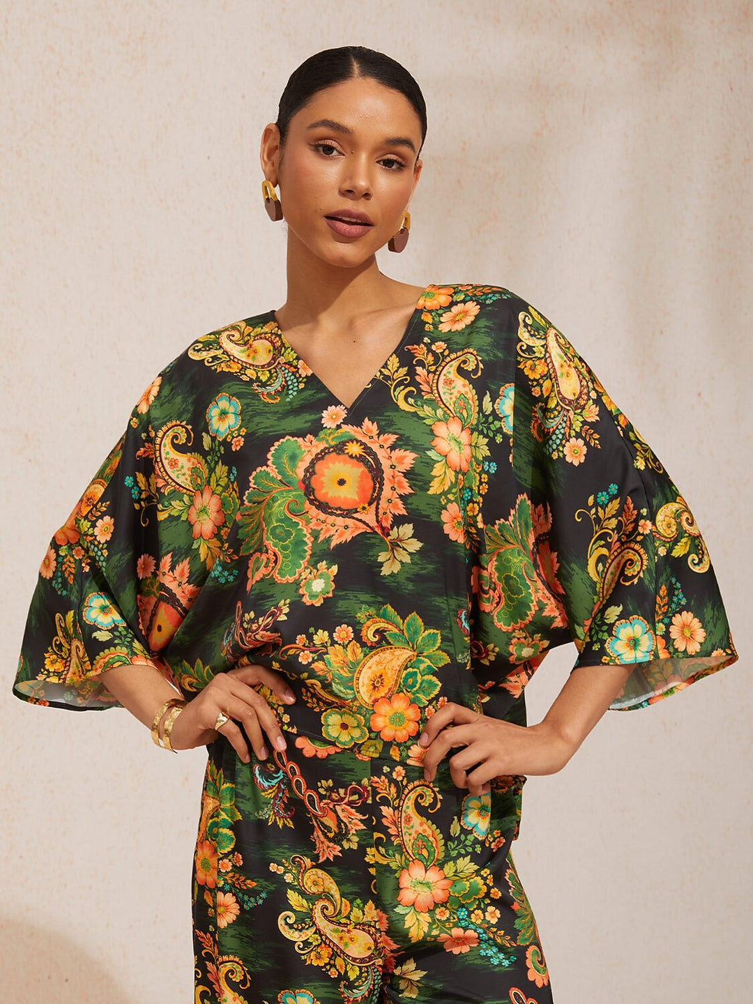 Women's Mediterranean Blue V-Neck Top with Batwing Sleeves in Silky Satin featuring a stylish jewelry print. 13