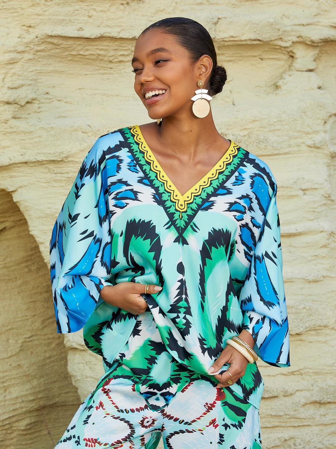 Women's Mediterranean Blue V-Neck Top with Batwing Sleeves in Silky Satin featuring a stylish jewelry print. 14