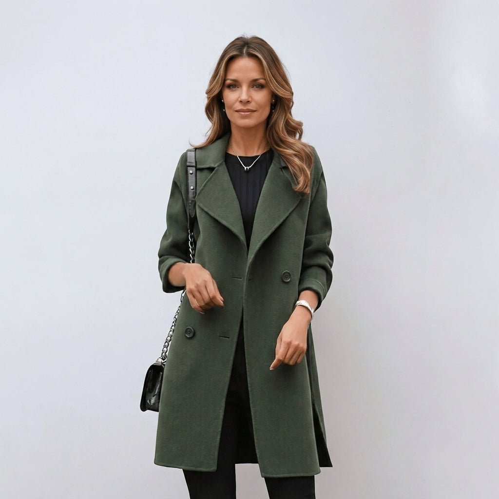 Women's Trench Coat with Double Breasted Closure and Notched Lapel – Mid-Length Winter Coat for Stylish Warmth 1
