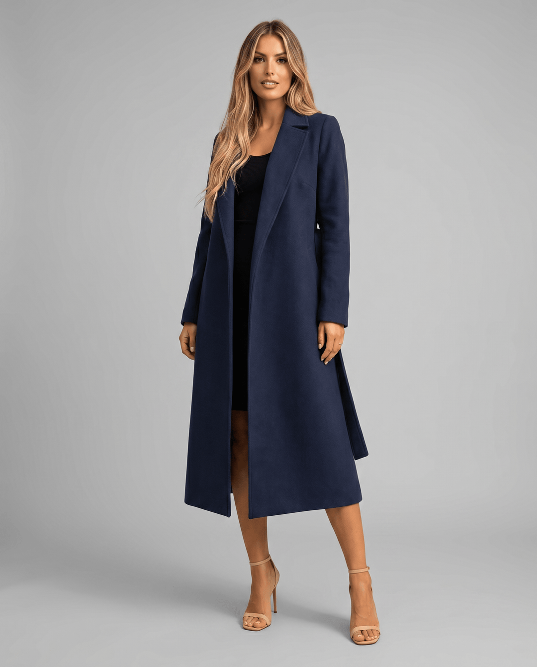 Elegant women's trench coat featuring a self-tie belt and notched lapels, designed with a stylish long wrap silhouette perfect for any occasion. 0