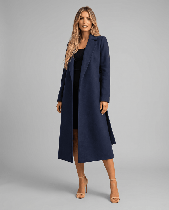 Elegant women's trench coat featuring a self-tie belt and notched lapels, designed with a stylish long wrap silhouette perfect for any occasion. 0