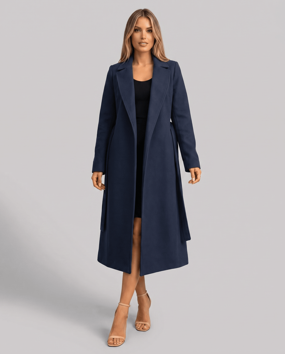 Elegant women's trench coat featuring a self-tie belt and notched lapels, designed with a stylish long wrap silhouette perfect for any occasion. 1