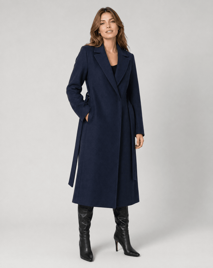 Elegant women's trench coat featuring a self-tie belt and notched lapels, designed with a stylish long wrap silhouette perfect for any occasion. 3