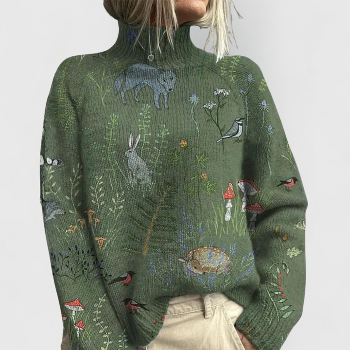 Women's Turtleneck Sweater with Relaxed Fit and Ribbed Details – Elegant Green Knit Top 0