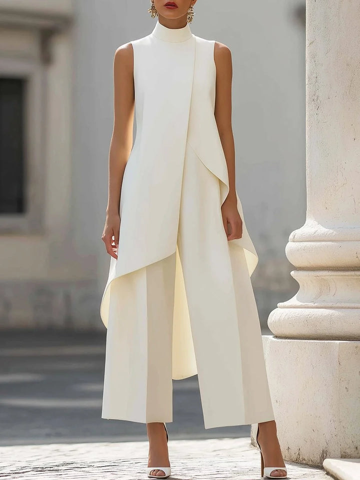 Women's two piece set featuring an asymmetrical high neck top and wide-leg trousers, designed for an elegant and modern look, perfect for any occasion. 0