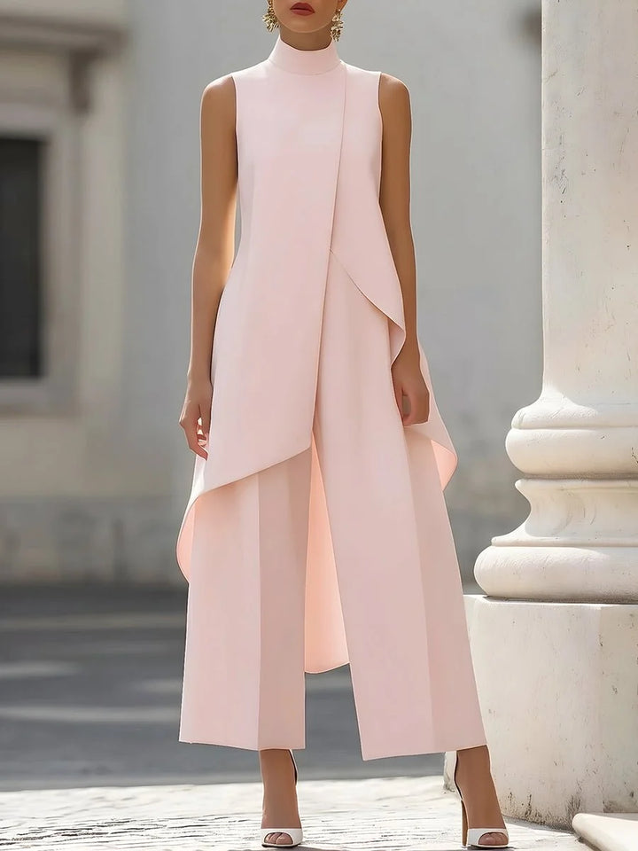 Women's two piece set featuring an asymmetrical high neck top and wide-leg trousers, designed for an elegant and modern look, perfect for any occasion. 5