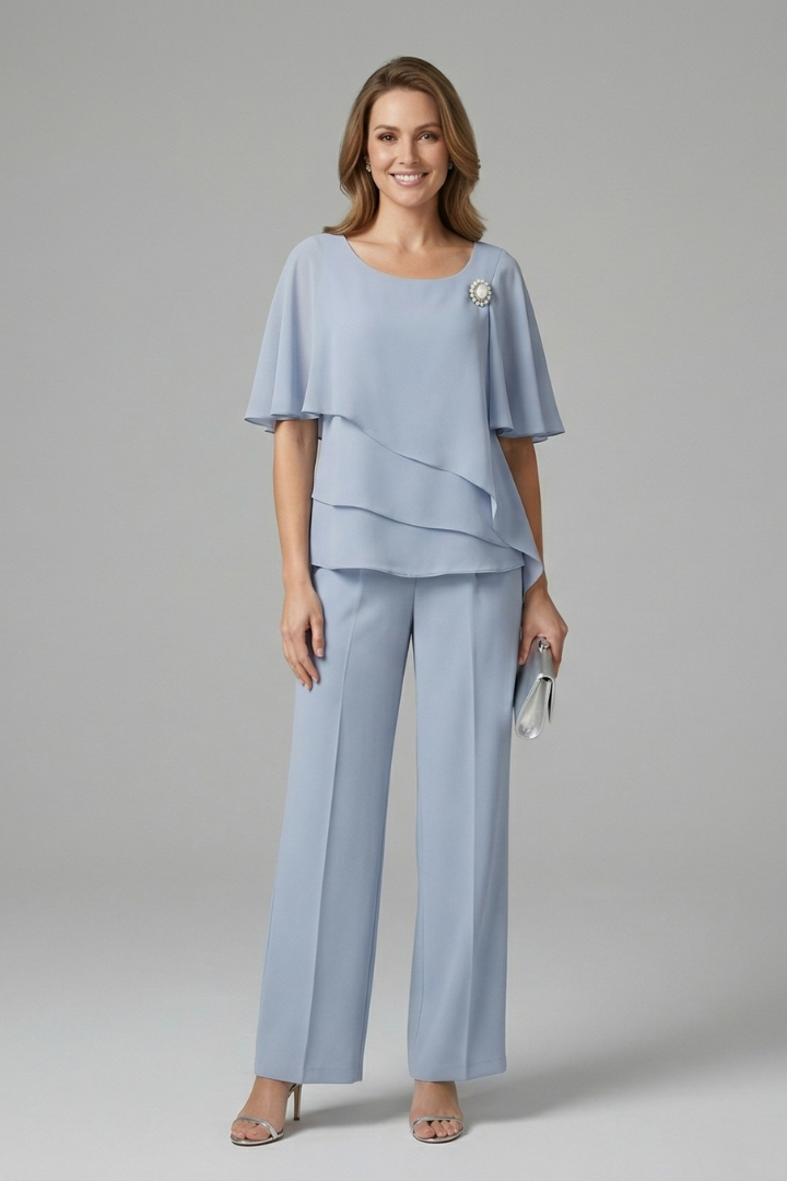 Women's two piece set featuring a stylish layered top and straight leg trousers in a semi-formal blue and navy design, perfect for various occasions. 0