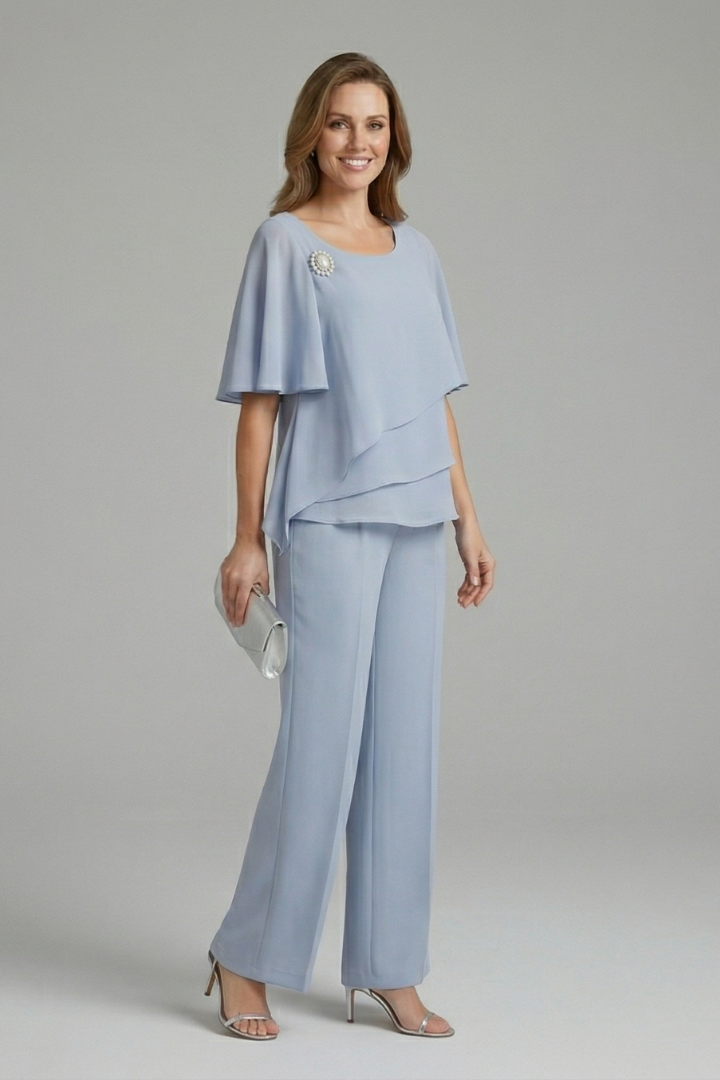 Women's two piece set featuring a stylish layered top and straight leg trousers in a semi-formal blue and navy design, perfect for various occasions. 3