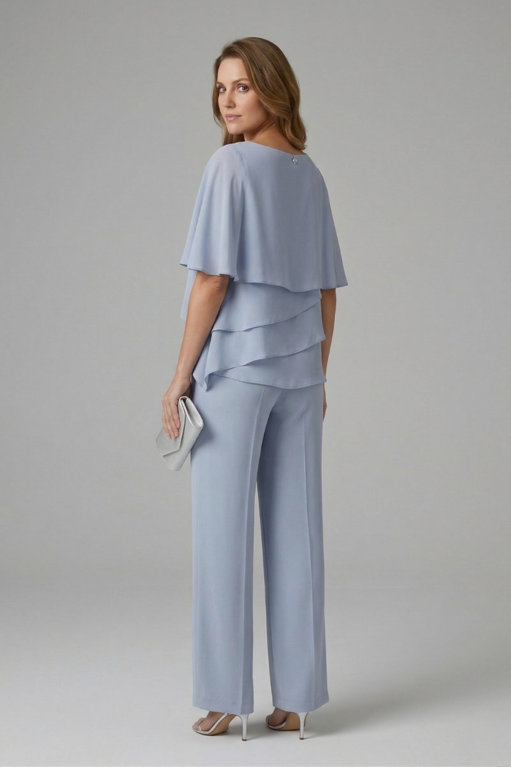 Women's two piece set featuring a stylish layered top and straight leg trousers in a semi-formal blue and navy design, perfect for various occasions. 4