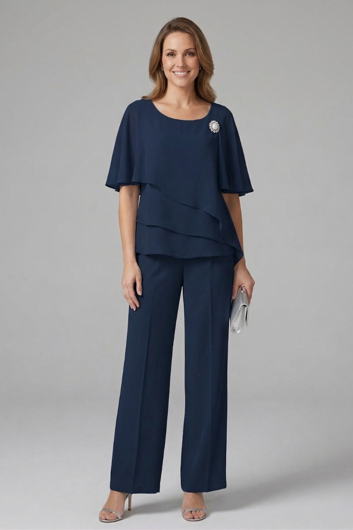 Women's two piece set featuring a stylish layered top and straight leg trousers in a semi-formal blue and navy design, perfect for various occasions. 5