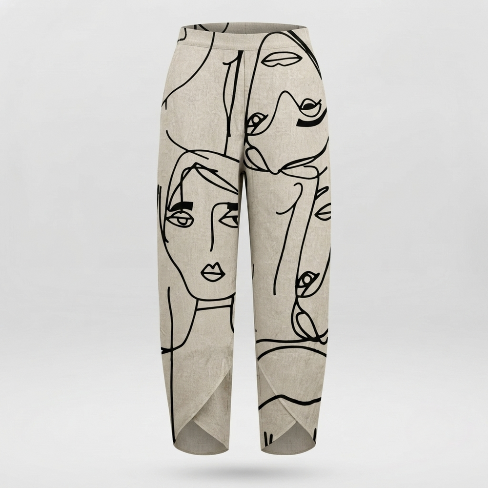 Women's wide leg trousers featuring an adjustable waist, crafted from a linen-cotton blend with a stylish abstract face print, perfect for comfortable and chic summer 1