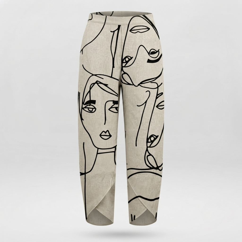 Women's wide leg trousers featuring an adjustable waist, crafted from a linen-cotton blend with a stylish abstract face print, perfect for comfortable and chic summer 1