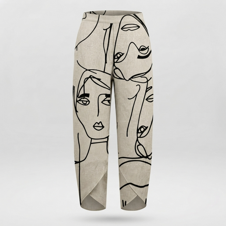 Women's wide leg trousers featuring an adjustable waist, crafted from a linen-cotton blend with a stylish abstract face print, perfect for comfortable and chic summer 1