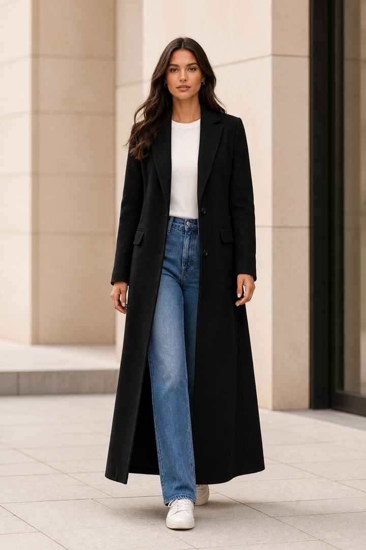Women's winter coat featuring a tailored silhouette, designed for a minimalist look, with a long maxi style perfect for cold weather. 0
