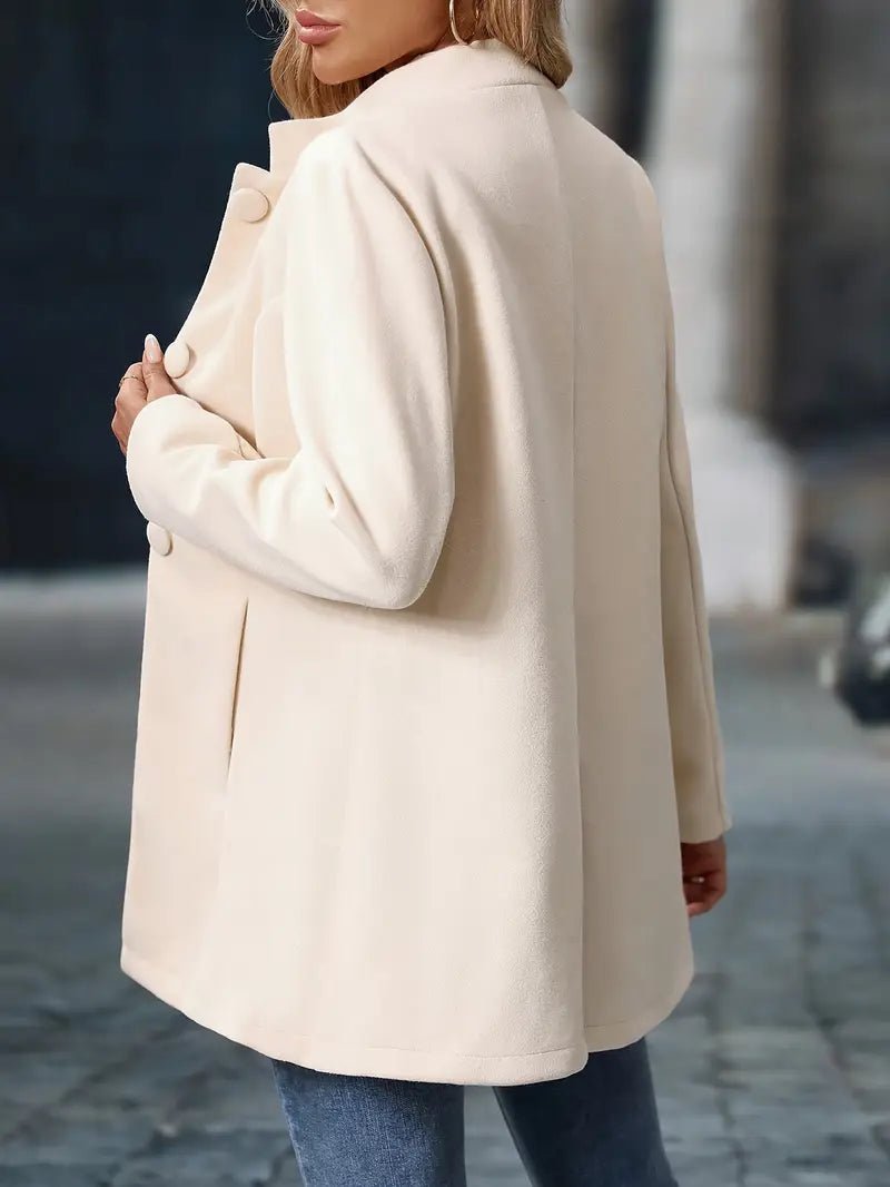 Women's wool blend coat featuring a stand collar and button front, designed for elegance with a mid-length cut, perfect for stylish layering in cooler weather. 3