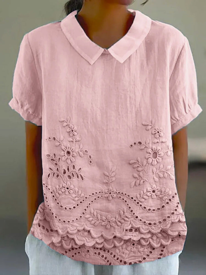 Womens Blouse with Floral Embroidery and Relaxed Fit – Soft Pink Cotton Linen Blend 0
