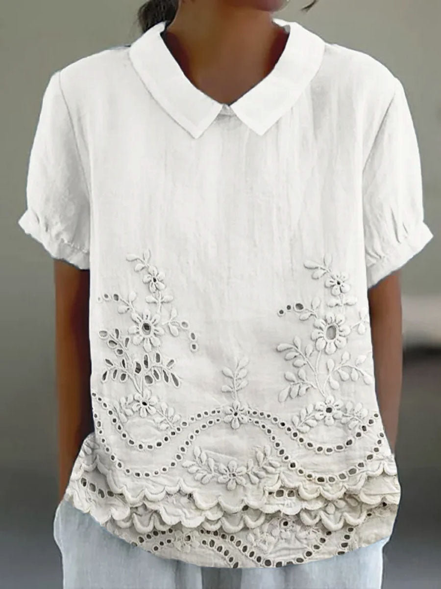 Womens Blouse with Floral Embroidery and Relaxed Fit – Soft Pink Cotton Linen Blend 1