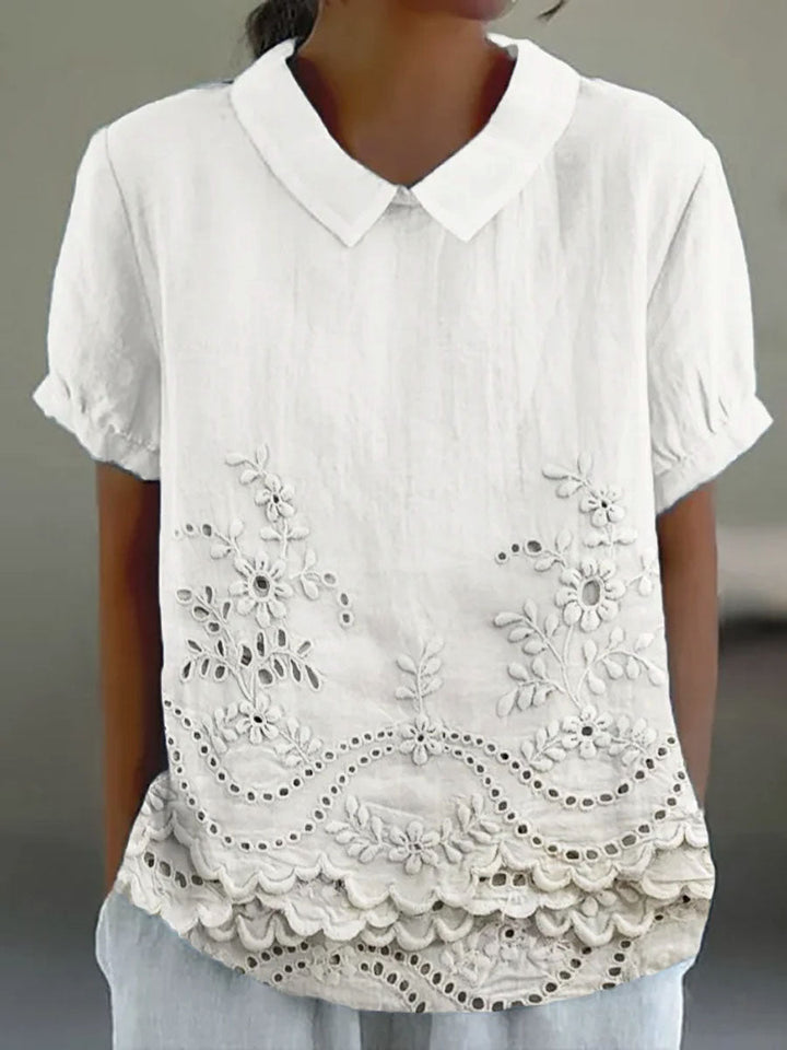 Womens Blouse with Floral Embroidery and Relaxed Fit – Soft Pink Cotton Linen Blend 1