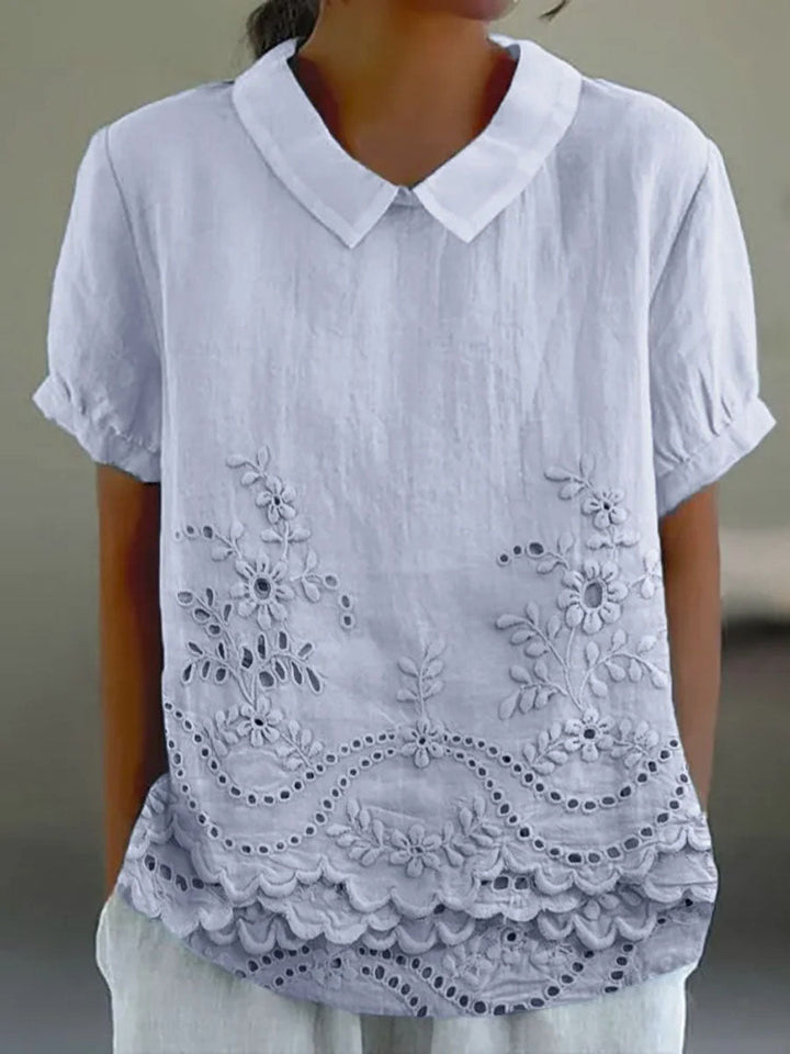 Womens Blouse with Floral Embroidery and Relaxed Fit – Soft Pink Cotton Linen Blend 2