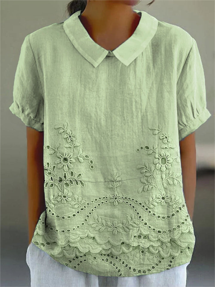 Womens Blouse with Floral Embroidery and Relaxed Fit – Soft Pink Cotton Linen Blend 3
