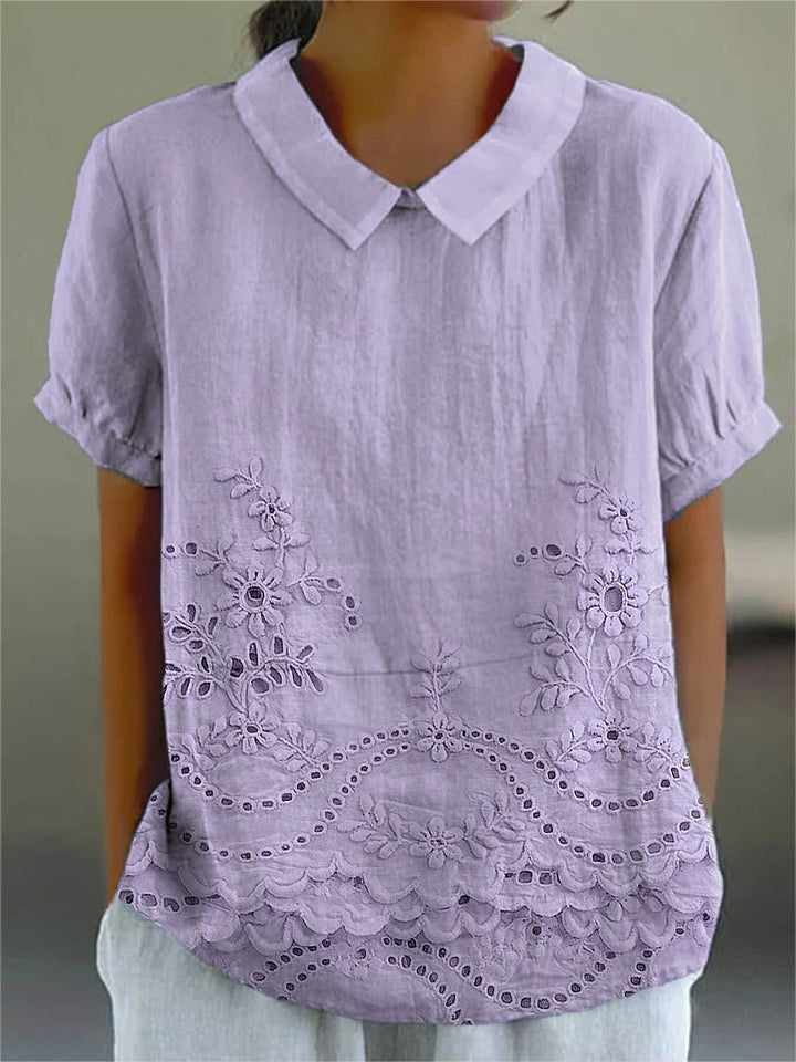 Womens Blouse with Floral Embroidery and Relaxed Fit – Soft Pink Cotton Linen Blend 4