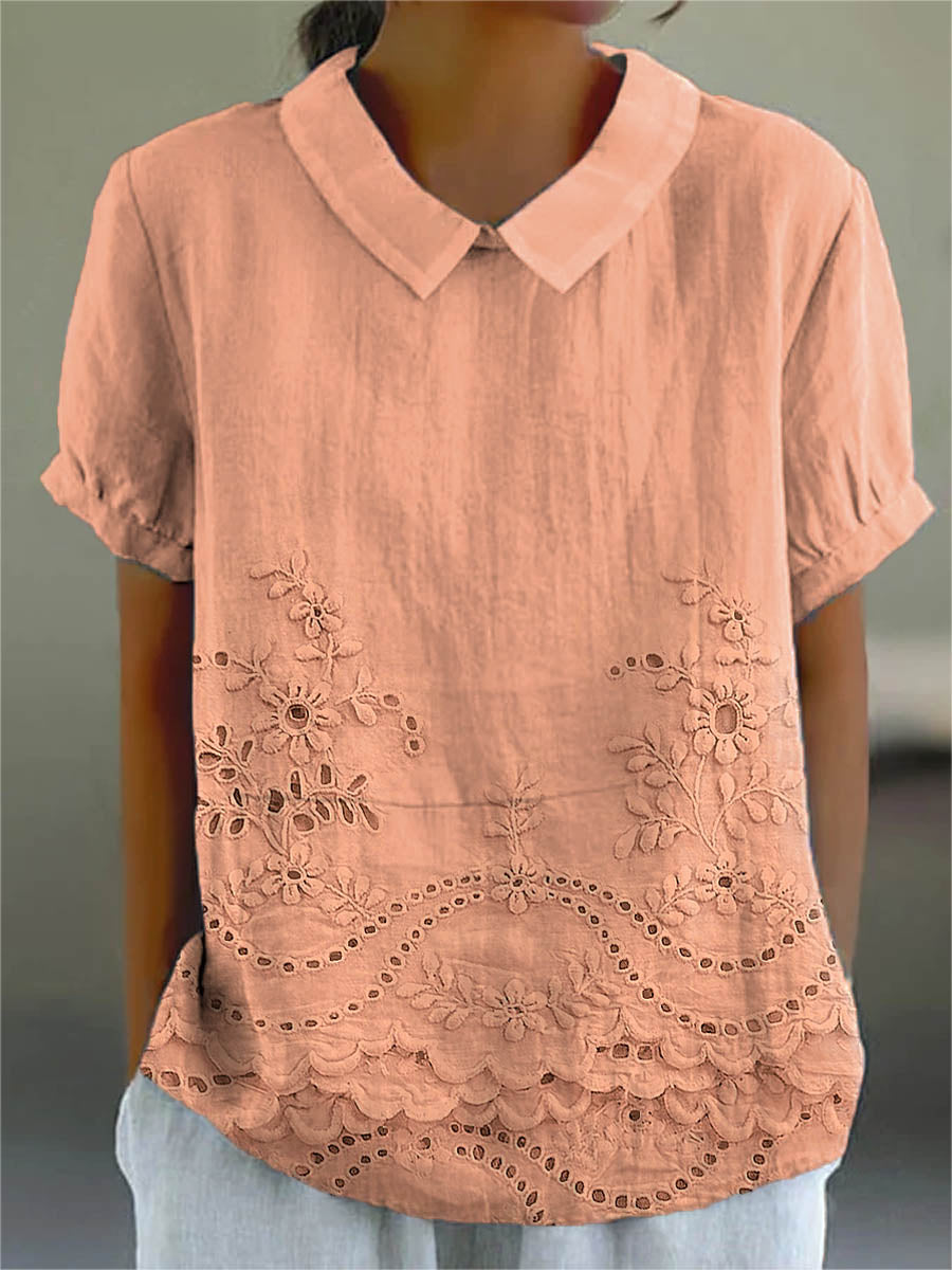 Womens Blouse with Floral Embroidery and Relaxed Fit – Soft Pink Cotton Linen Blend 5