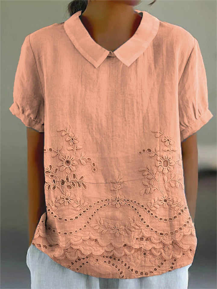 Womens Blouse with Floral Embroidery and Relaxed Fit – Soft Pink Cotton Linen Blend 5