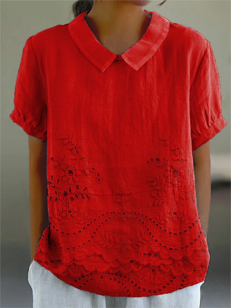 Womens Blouse with Floral Embroidery and Relaxed Fit – Soft Pink Cotton Linen Blend 6