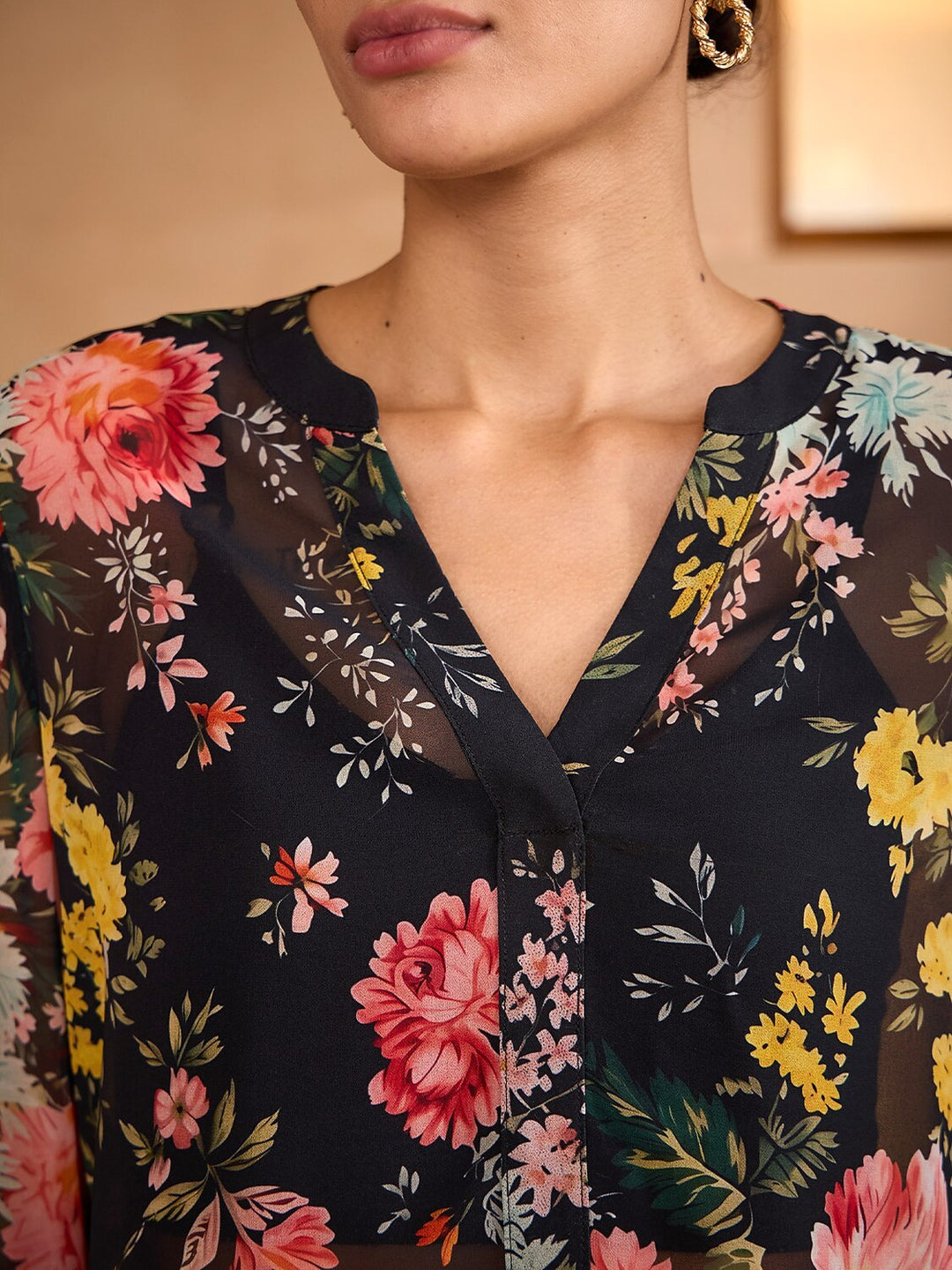 Womens blouse featuring a V-neck and ruffle sleeves, made from flowy chiffon with a Moonlight Blossom floral design, perfect for summer wear. 5