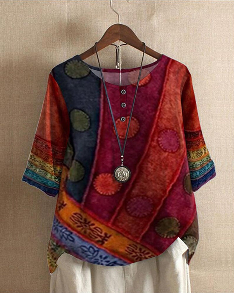 Womens blouse featuring a vintage print and loose fit, designed as a boho half sleeve top, perfect for casual and stylish outfits. 0