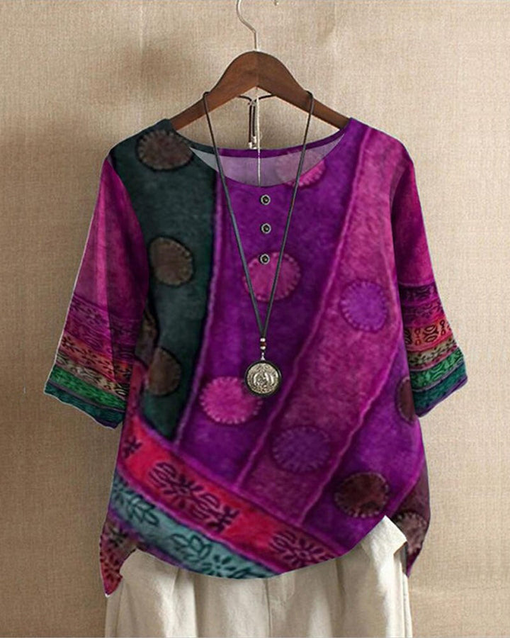 Womens blouse featuring a vintage print and loose fit, designed as a boho half sleeve top, perfect for casual and stylish outfits. 2