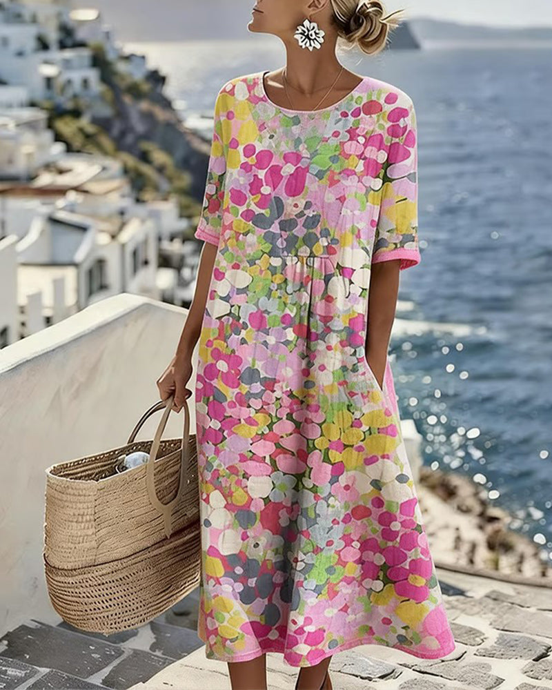 Womens Dress A-Line Midi with Pockets – Floral Cotton Blend Casual Summer Dress 0