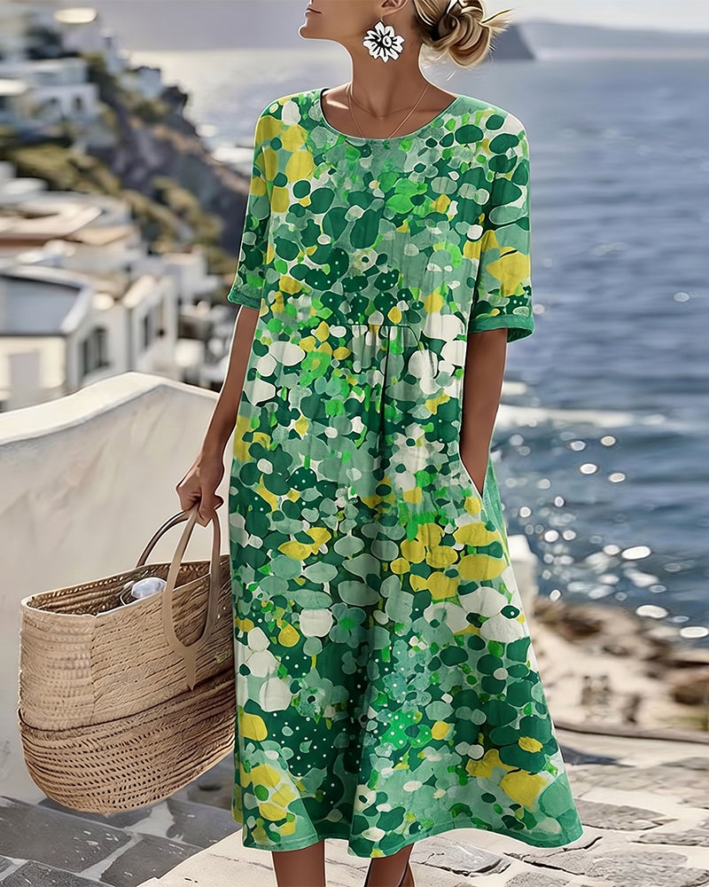 Womens Dress A-Line Midi with Pockets – Floral Cotton Blend Casual Summer Dress 1