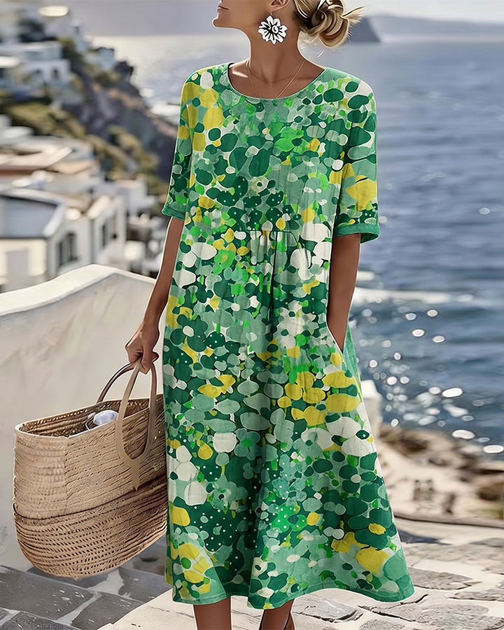 Womens Dress A-Line Midi with Pockets – Floral Cotton Blend Casual Summer Dress 1