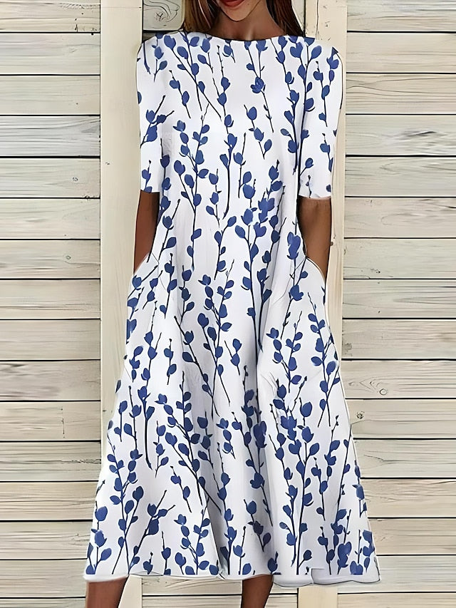 Womens Dress A-Line Silhouette with Floral Print – Mid-Length Summer Dress for Casual Outings 0