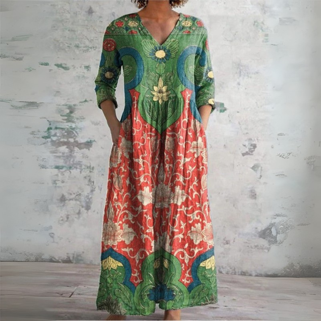 Womens Dress + Vintage Floral Maxi + Soft Breathable Fabric + V-Neckline and Long Sleeves 0