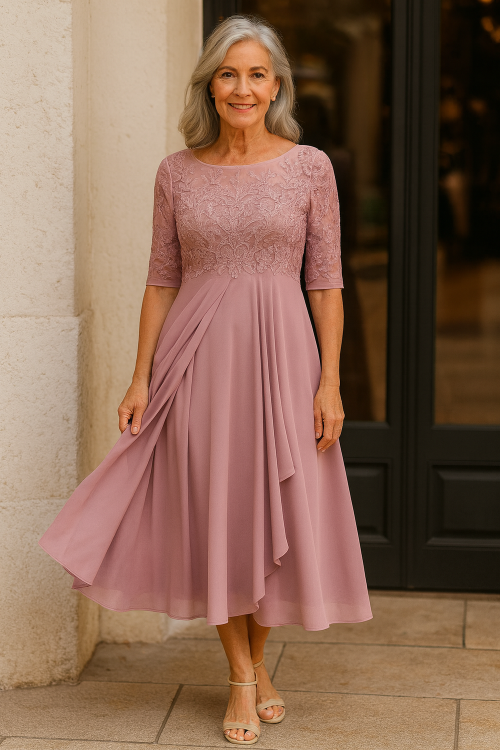 Elegant lace cocktail dress for women, perfect for wedding guests, featuring a comfortable fit and stylish closed-back design. 1