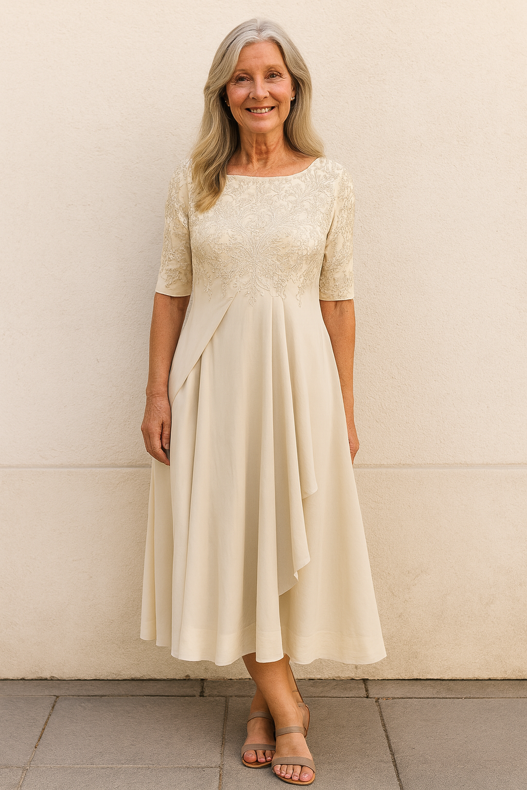 Elegant lace cocktail dress for women, perfect for wedding guests, featuring a comfortable fit and stylish closed-back design. 2