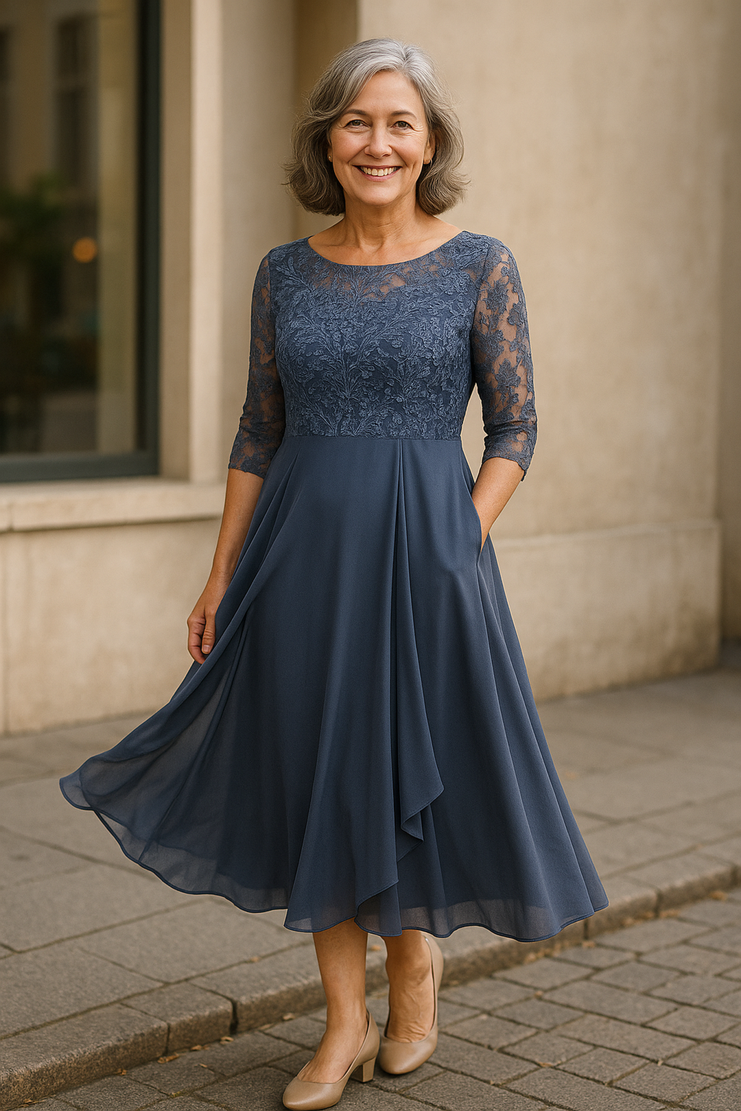Elegant lace cocktail dress for women, perfect for wedding guests, featuring a comfortable fit and stylish closed-back design. 4