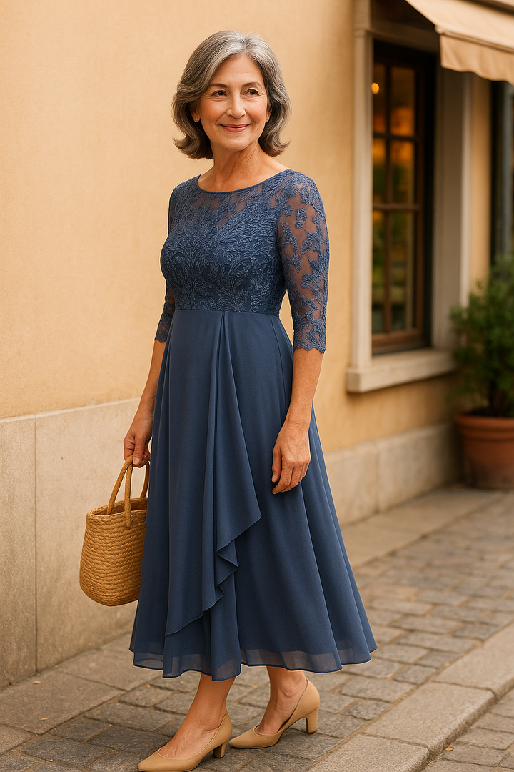 Elegant lace cocktail dress for women, perfect for wedding guests, featuring a comfortable fit and stylish closed-back design. 6