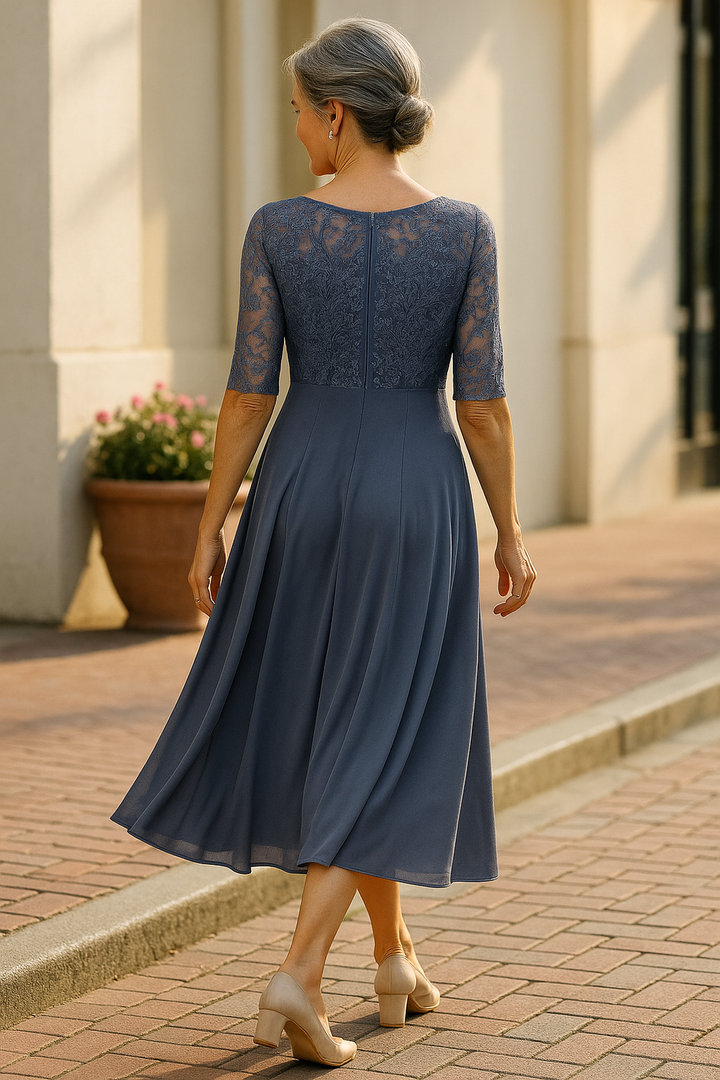Elegant lace cocktail dress for women, perfect for wedding guests, featuring a comfortable fit and stylish closed-back design. 7
