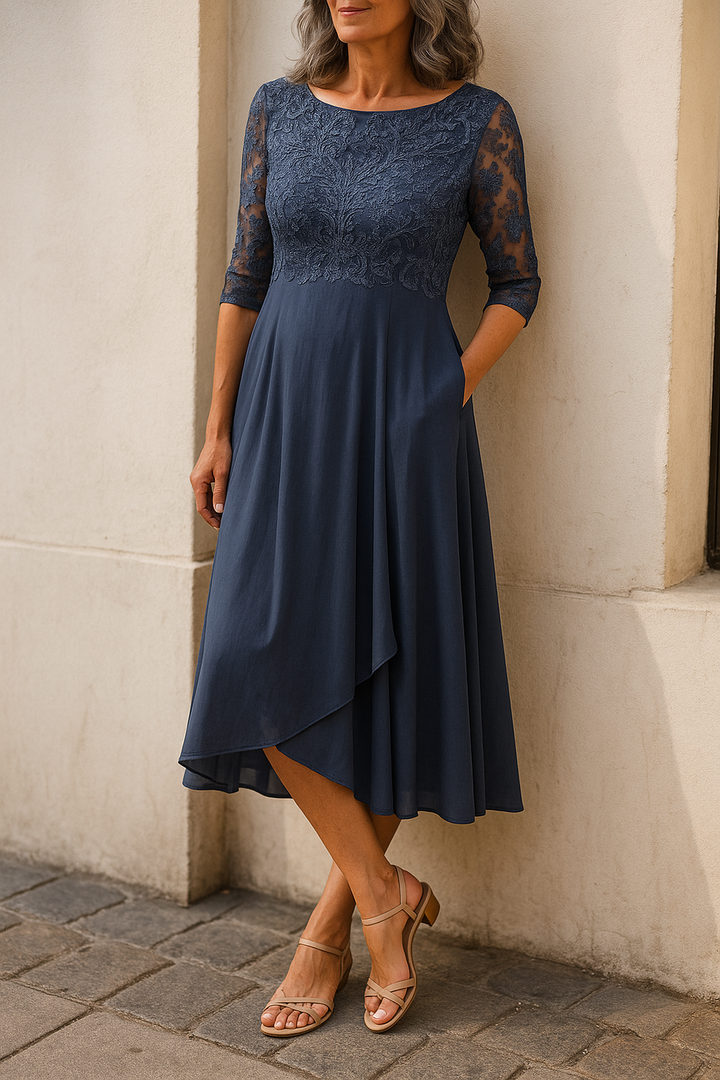 Elegant lace cocktail dress for women, perfect for wedding guests, featuring a comfortable fit and stylish closed-back design. 8