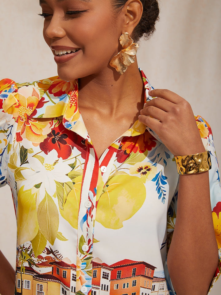 Womens yellow floral midi dress with button-down placket and relaxed fit, perfect for summer outings. 1