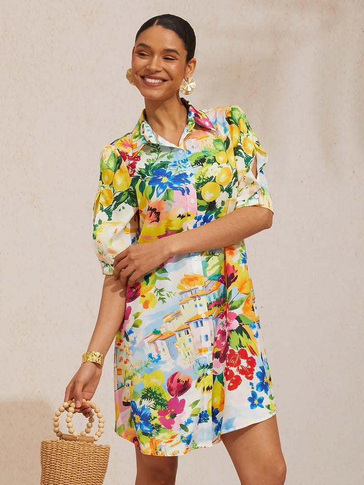 Womens yellow floral midi dress with button-down placket and relaxed fit, perfect for summer outings. 14