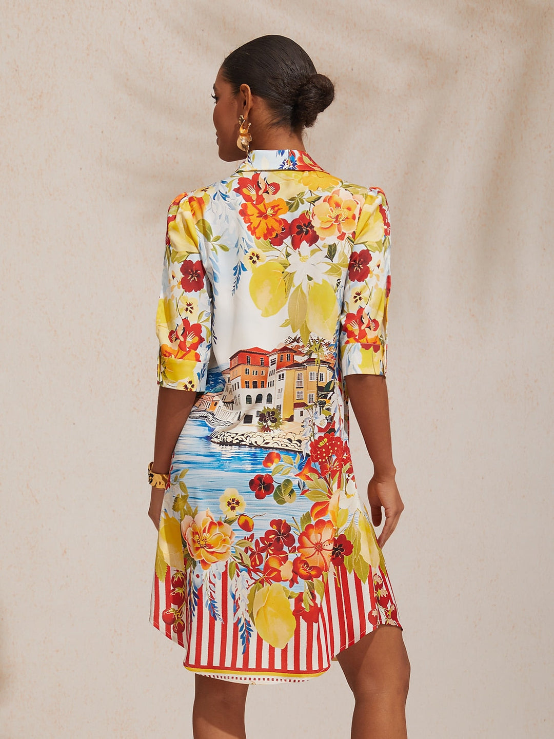 Womens yellow floral midi dress with button-down placket and relaxed fit, perfect for summer outings. 2